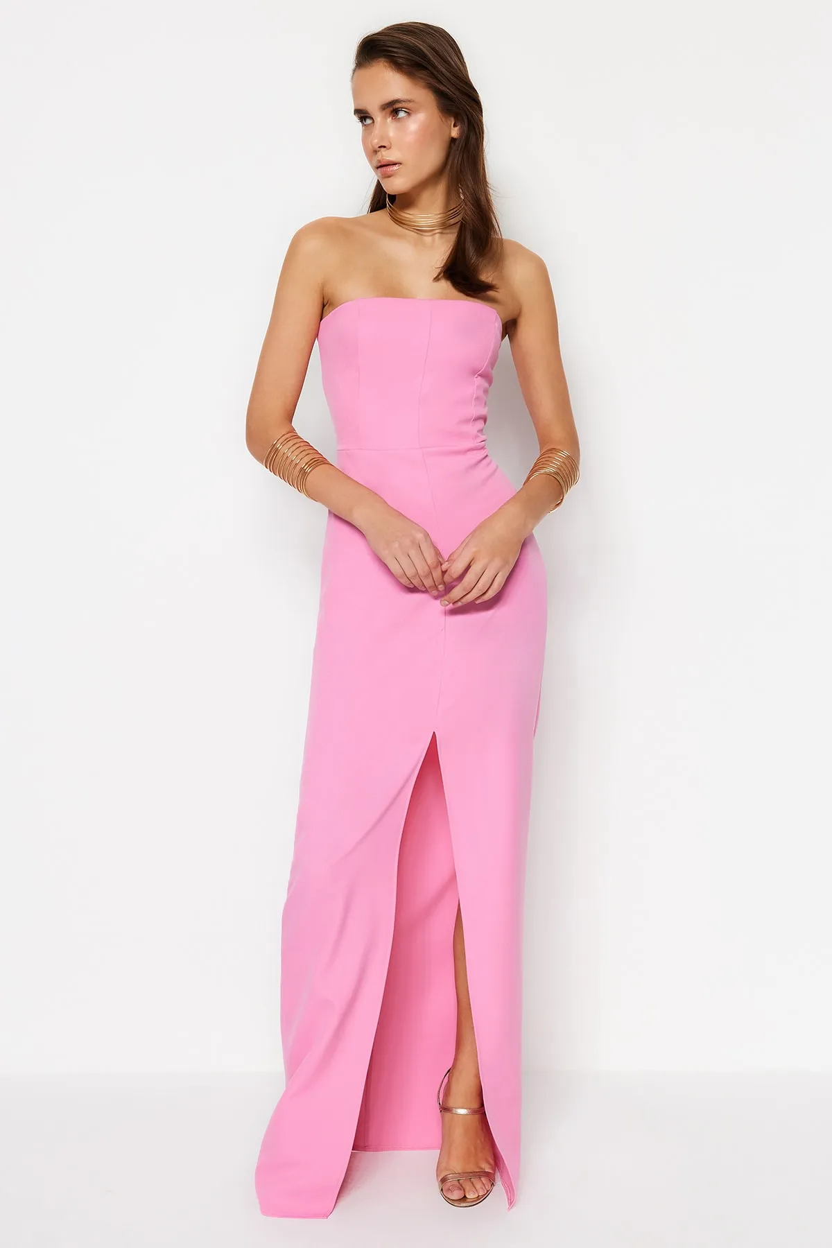 Trendyol Collection  Rosa gewebtes langes Abendkleid TPRSS23AE00127