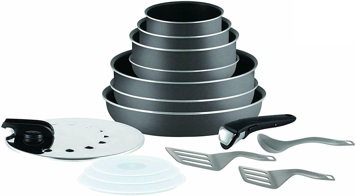Tefal Topf-Set Ingenio L20488 Topfset 15 tlg, Griff abnehmbar, Töpfeset, Aluminium Guss (Pfanne, Bratpfannen Set, Pfannenset, Wok, Wokpfanne, Schmorpfanne, 15-tlg., Inkl. Spritzschutz, 2 Pfannenwender, 1 Abnehmbarer Griff, 1 Löffel), für alle Herdart
