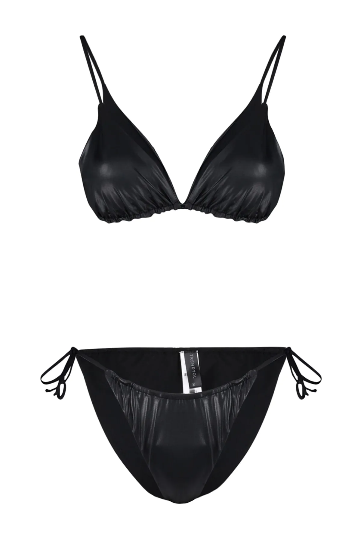 Trendyol Collection  Schwarzes Triangle-Tunnel-Bikini-Set mit normaler Beinlänge und glänzendem Lack-Print TBESS23BT00021