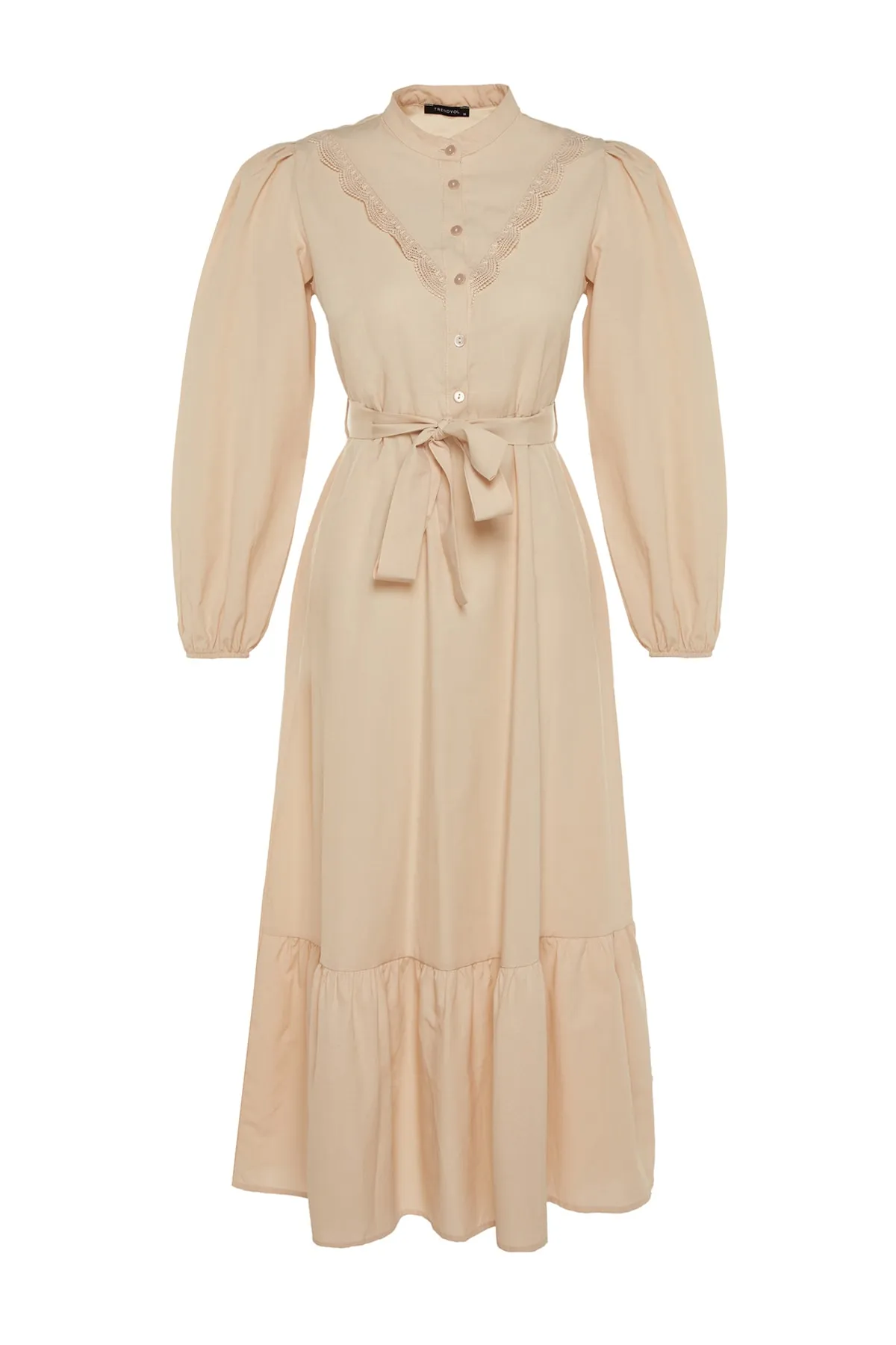 Trendyol Modest  Beiges, besticktes, gewebtes Kleid mit Taillenband TCTSS23EB00206