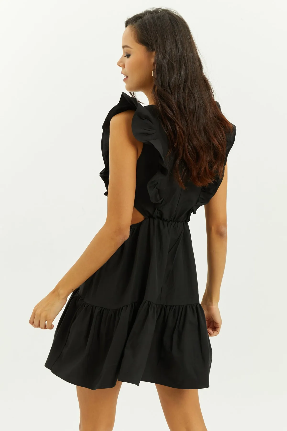 Cool & Sexy  Schwarzes, niedrig sitzendes Volant-Minikleid für Damen SF1523