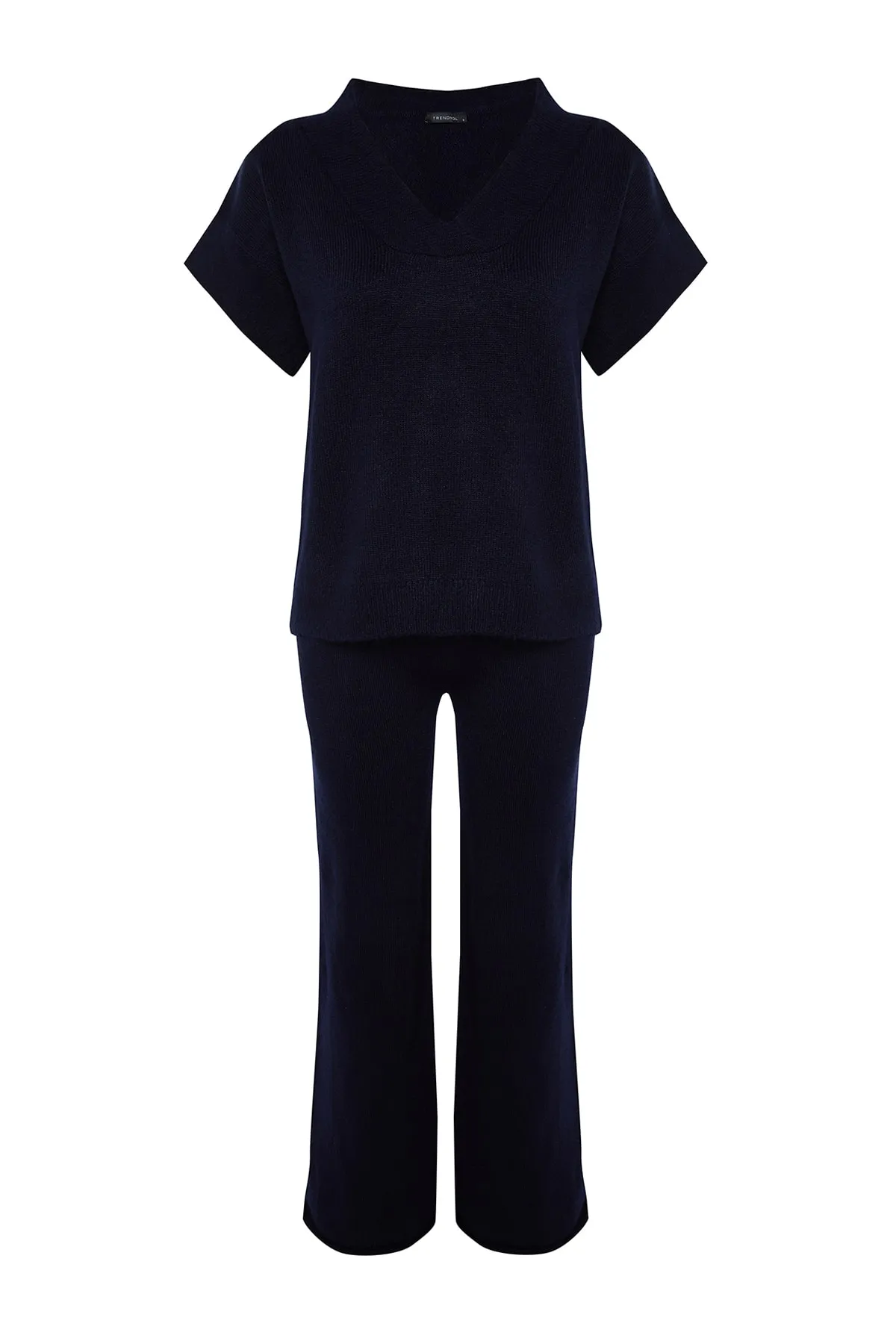 Trendyol Collection  Marineblaues, weich strukturiertes Strickoberteil und -unterteil mit V-Ausschnitt TWOAW24AU00042