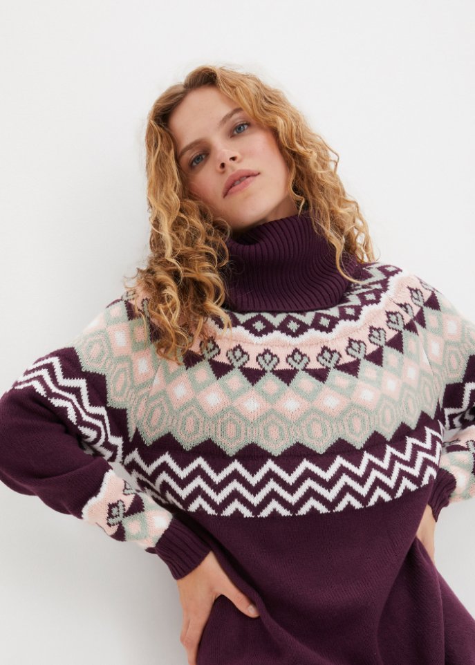 Strickkleid mit Norwegermuster und weitem Rollkragen, kniebedeckend