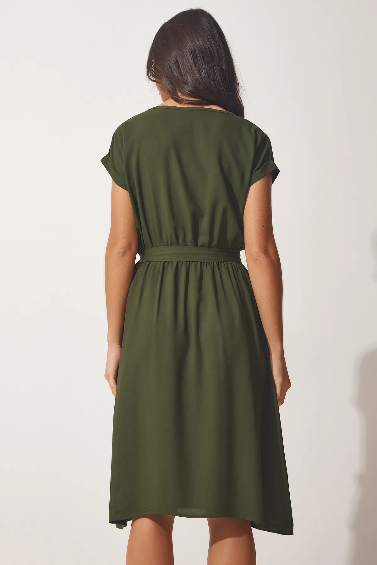 Happiness İstanbul  Damen-Sommerkleid aus Viskose in Khaki mit Gürtel BH00415