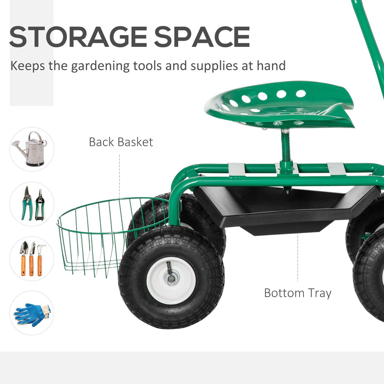 Outsunny Gartenwagen mit Rollsitz bis 150 kg steuerbar Sitzhöhe 46-59 cm Metall Gummi Grün