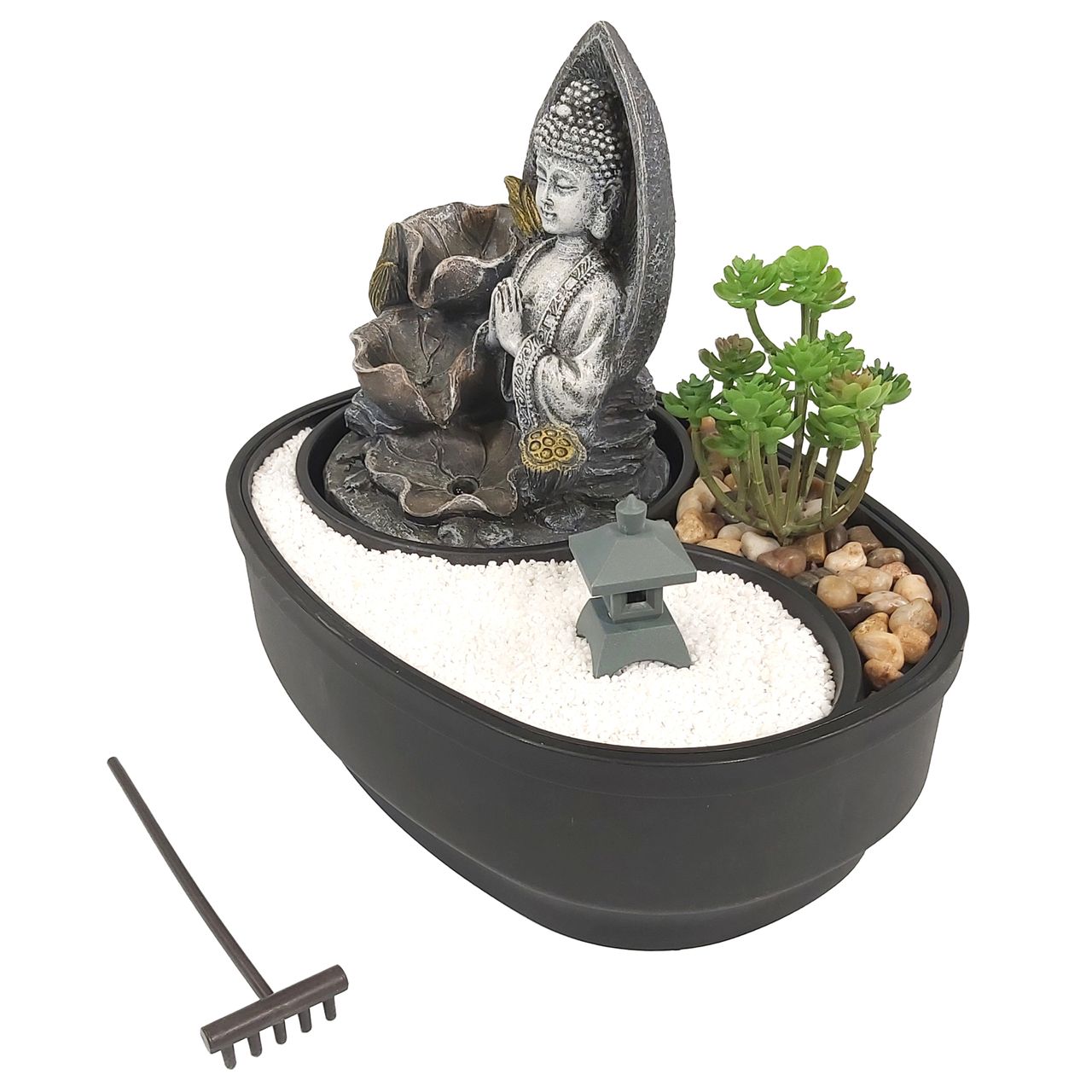 Lemodo Zimmerbrunnen mit LED-Beleuchtung, Dekobrunnen “Buddha Namaste” für die Wohnung