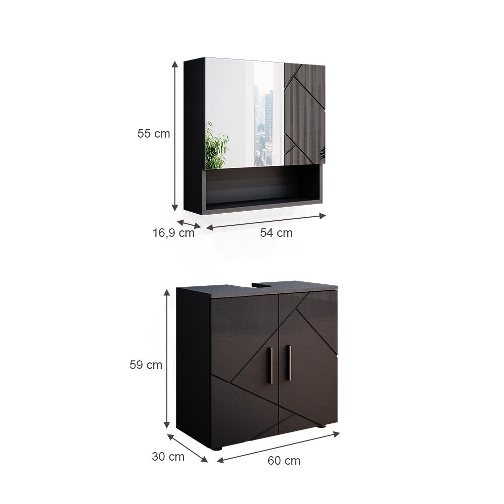 Vicco Badezimmer-Set Badmöbel Badezimmermöbel Irma Anthrazit Hochglanz Set 1, (3-St., 3-er Set)