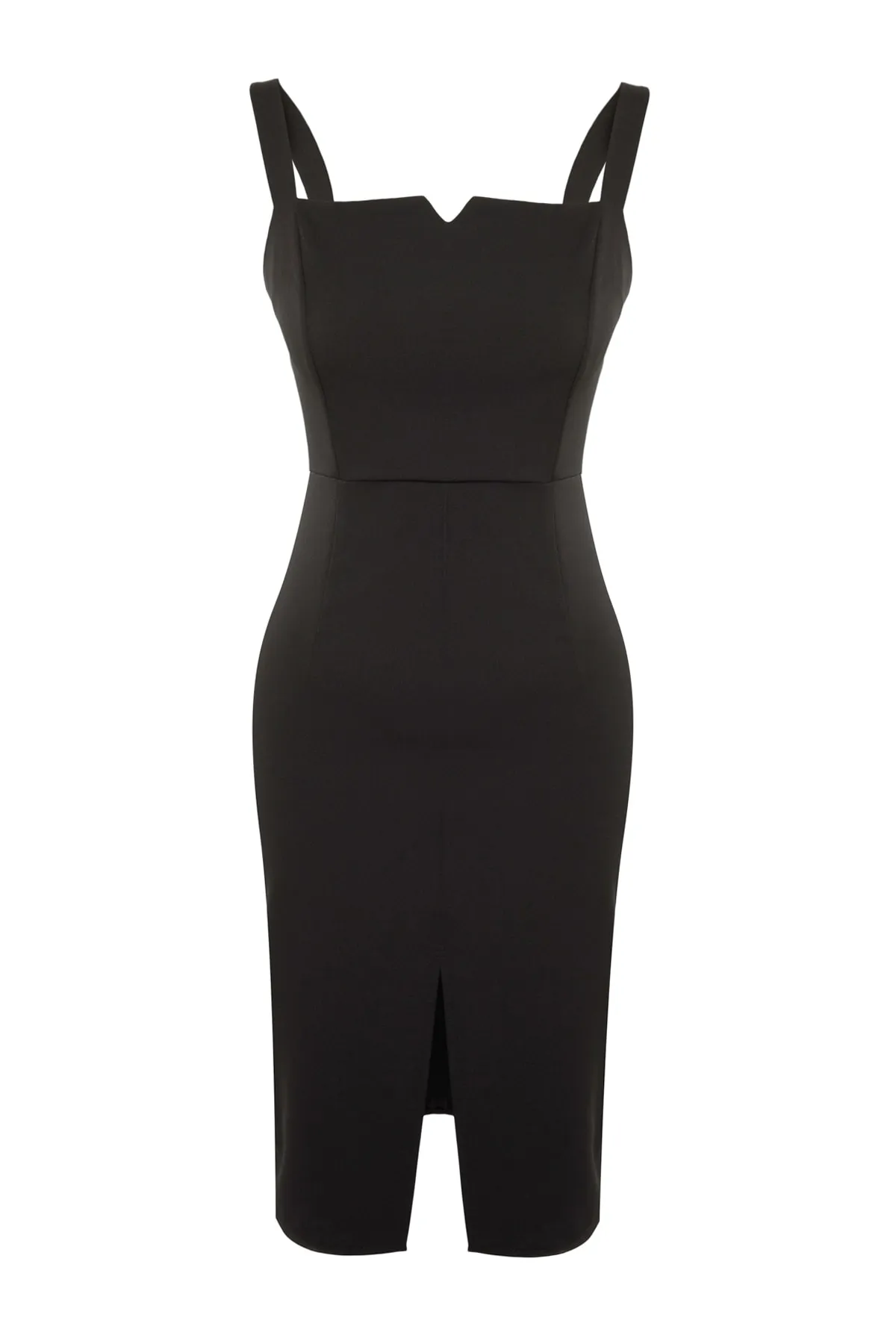 Trendyol Collection  Schwarzes, figurbetontes Midi-Webkleid mit Schlitz und Trägern TWOSS19BB0216