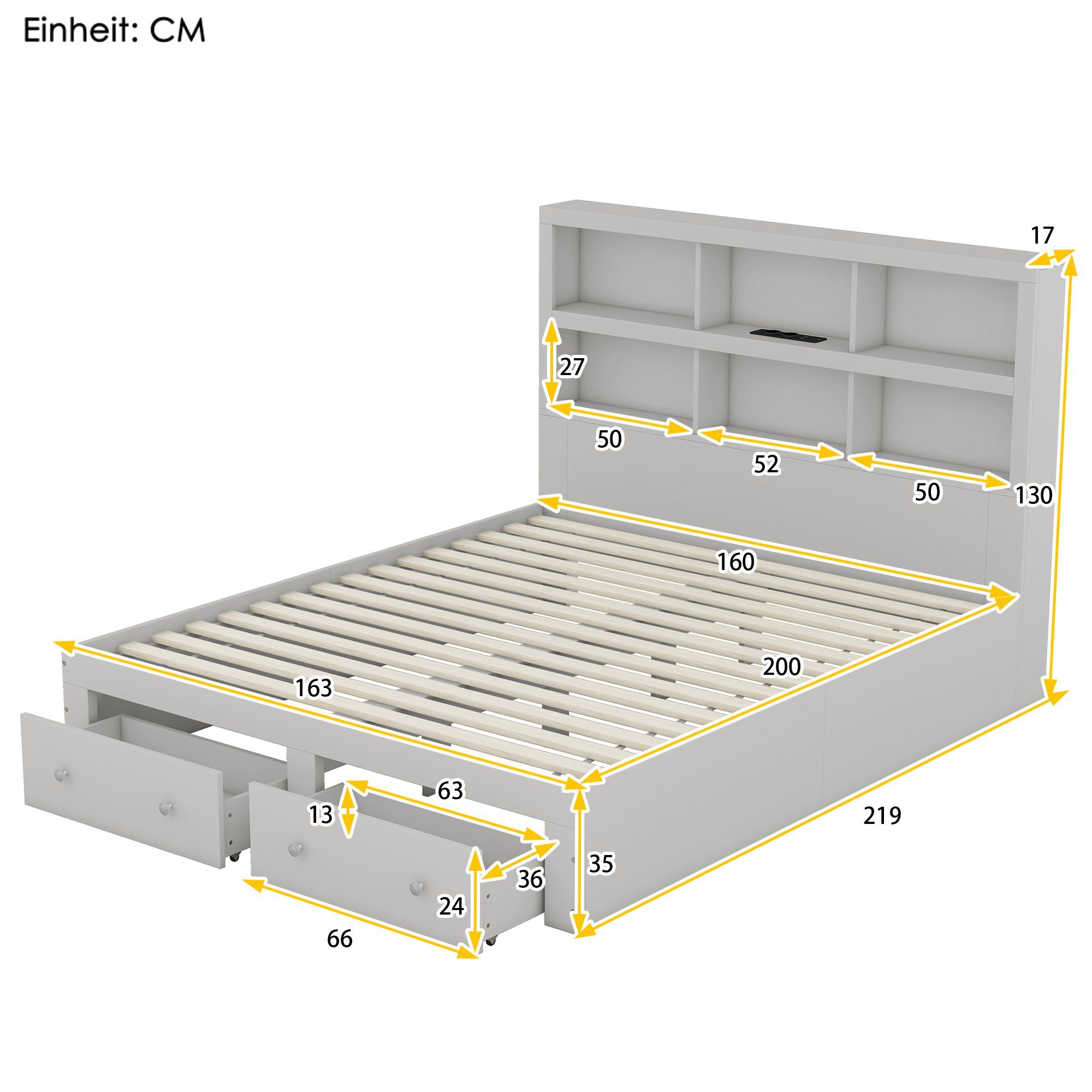 Merax Holzbett 160x200cm mit 6 Fächern und 2 Schubladen, Doppelbett Kingsize mit USB-Anschluss, aus Massivholz