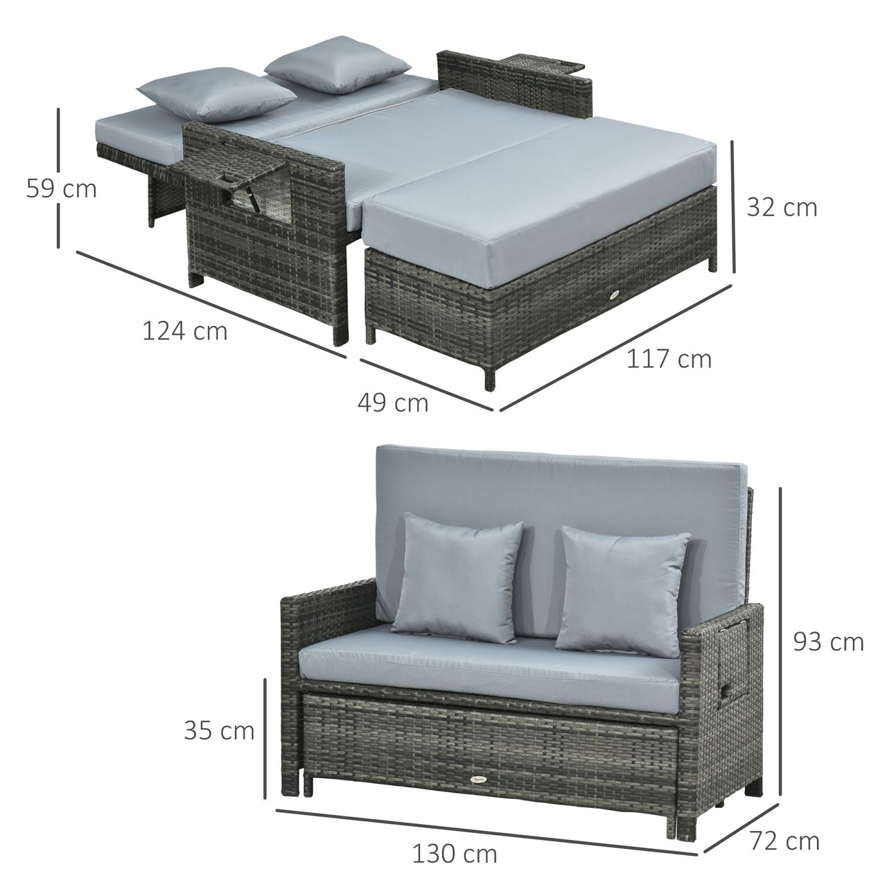 Outsunny Polyrattan Lounge-Sofa Gartensofa 2-Sitzer mit Kissen Grau