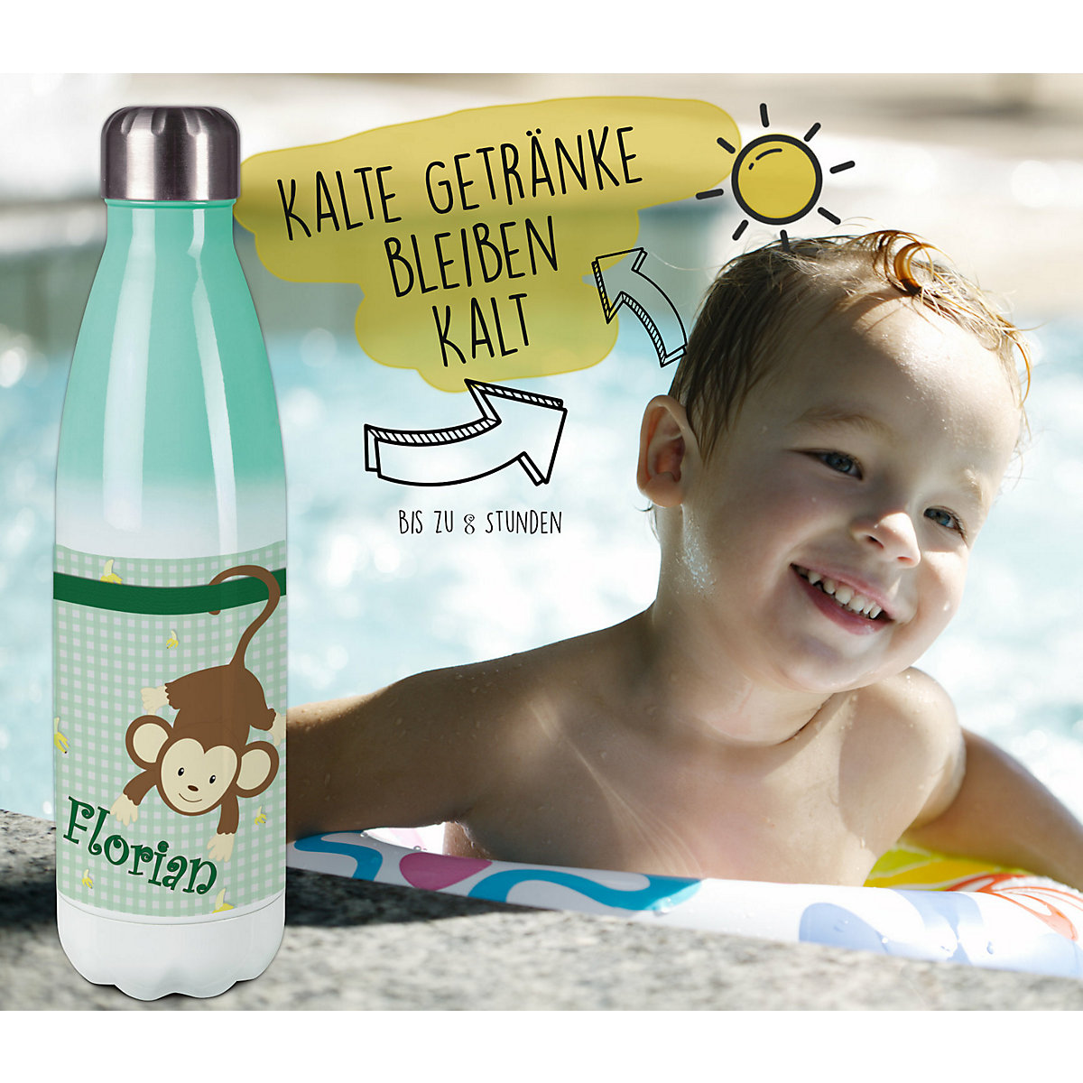Edelstahl Kinder Thermoflasche / Trinkflasche bunt Affe hängend Farbe grün Spülmaschinenfest, Auslaufsicher, Bruchfest, Doppelwandig, Für Heißgetränke geeignet, Mit Deckel, Isoliert
