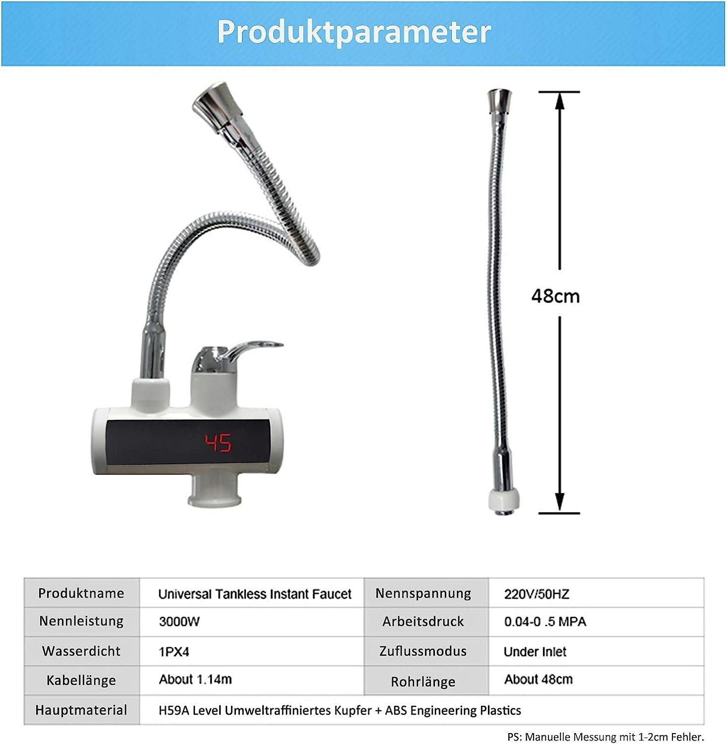 Daskoo Durchlauferhitzer Elektrisch Temperaturanzeige einstellbar schwenkbar Wasserhähnen, max 60,00 °C, Temperaturanzeige 50-60 ℃,IPX4 Küchenarmatur