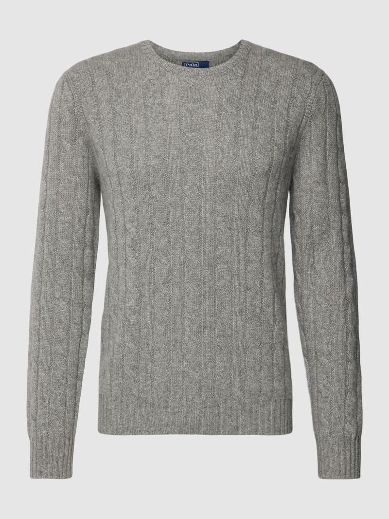 Kaschmirpullover mit Zopfmuster in mittelgrau meliert