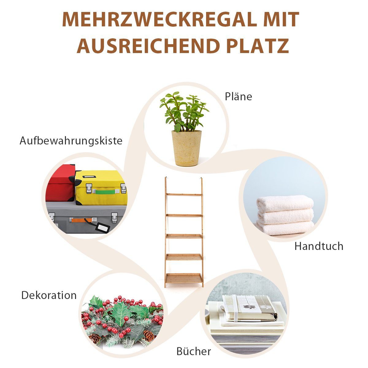 COSTWAY Leiterregal Standregal Lagerregal, Bambus, 5-stufig, 64x45x181cm