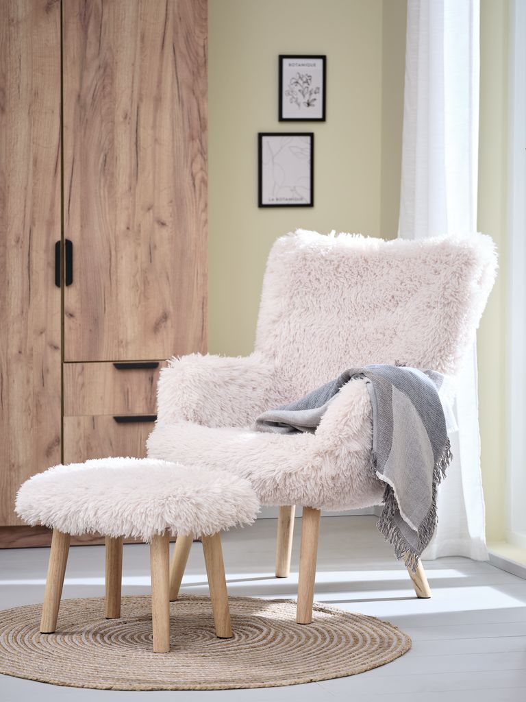 HVILSTED HVILSTED armchair with stool, plush fabric, off-white/nature