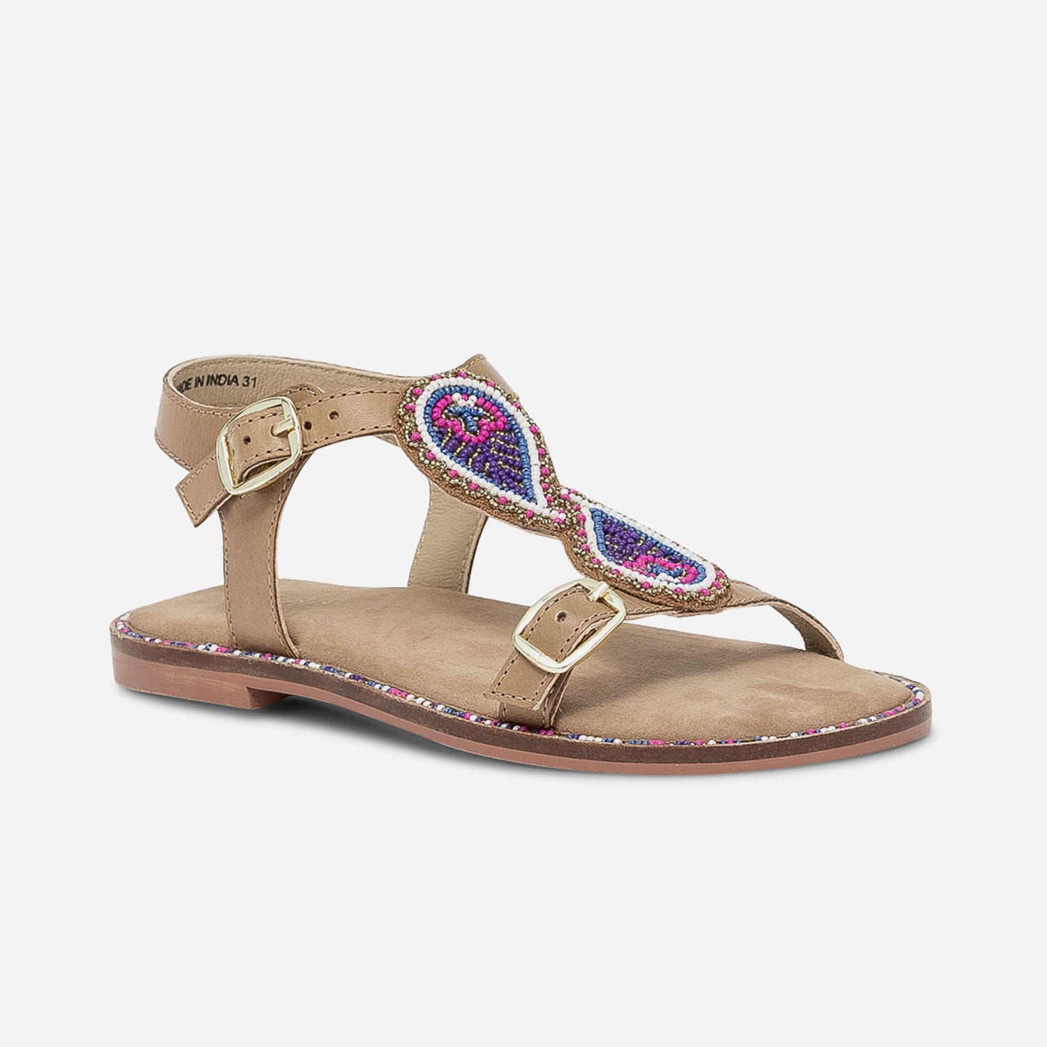 Sandale camel en cuir à plastron perlé