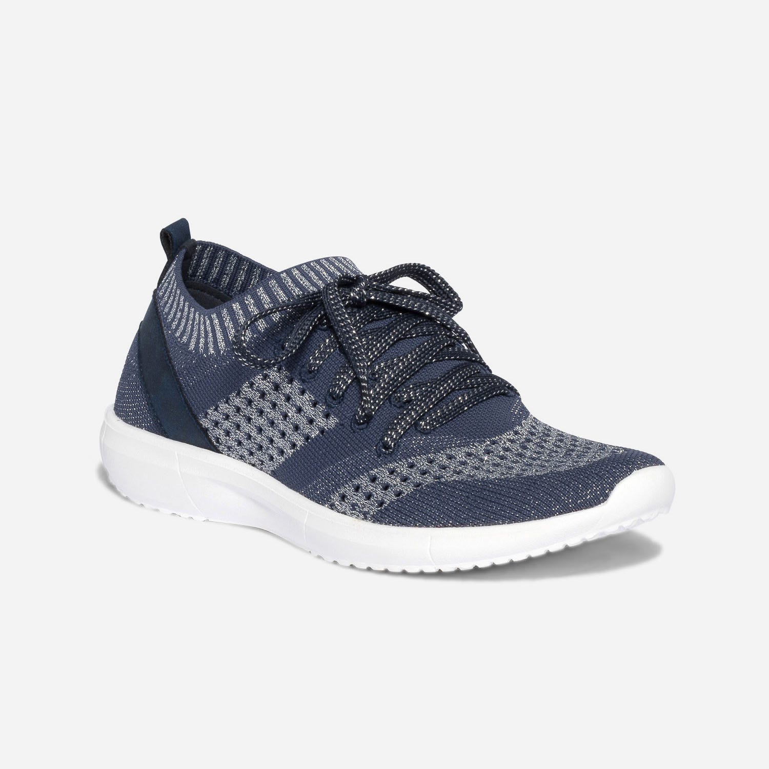 Tennis-chaussette bleue et argentée tricotée éco-conçue