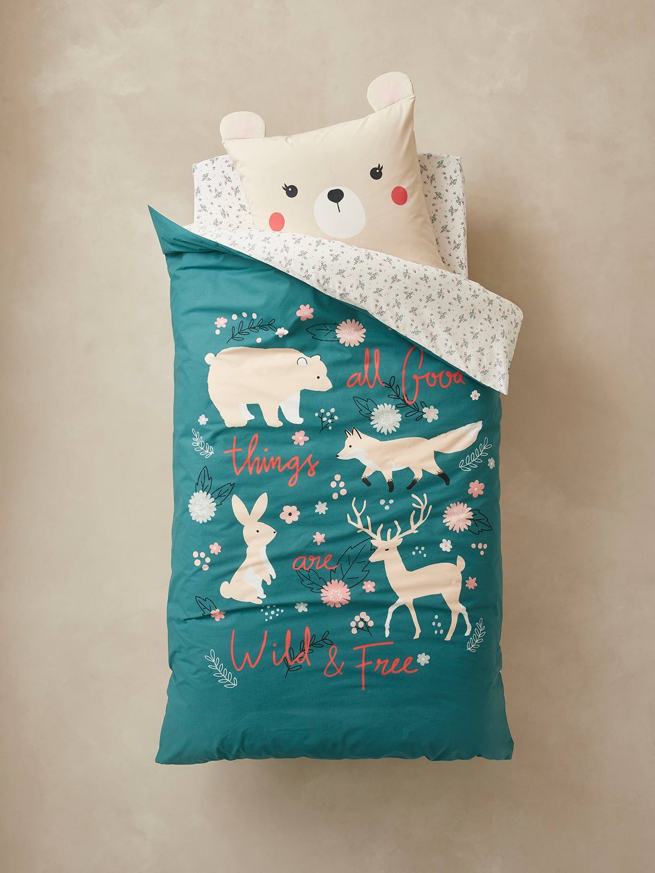 Parure housse de couette + taie d'oreiller enfant en coton bio* NATURE SAUVAGE bleu