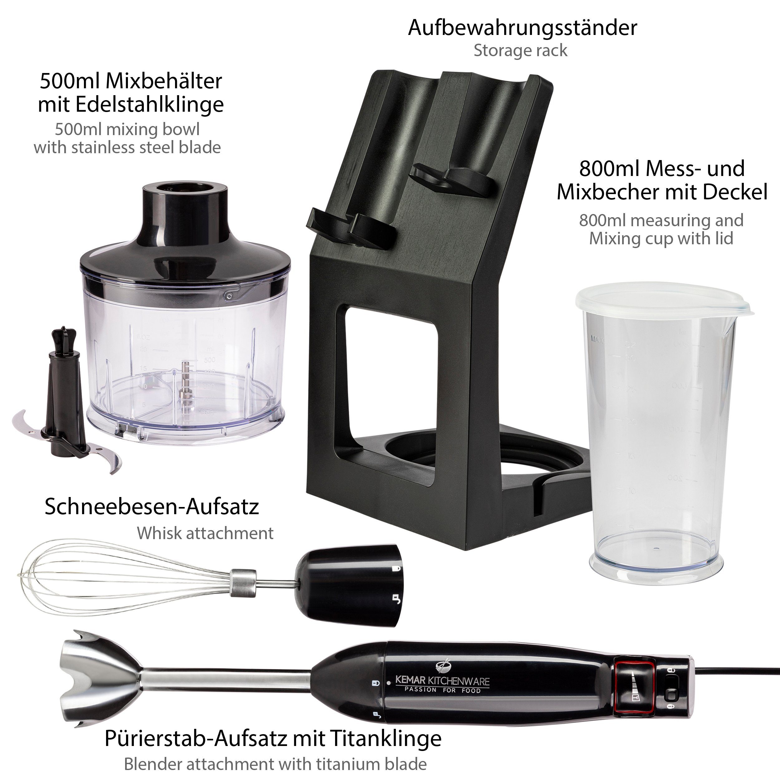 KeMar Kitchenware Stabmixer KSM-1000 Stabmixer-Set, 1000 W, 17.000 U/min Aufbewahrungsständer Messbecher Titan Klinge