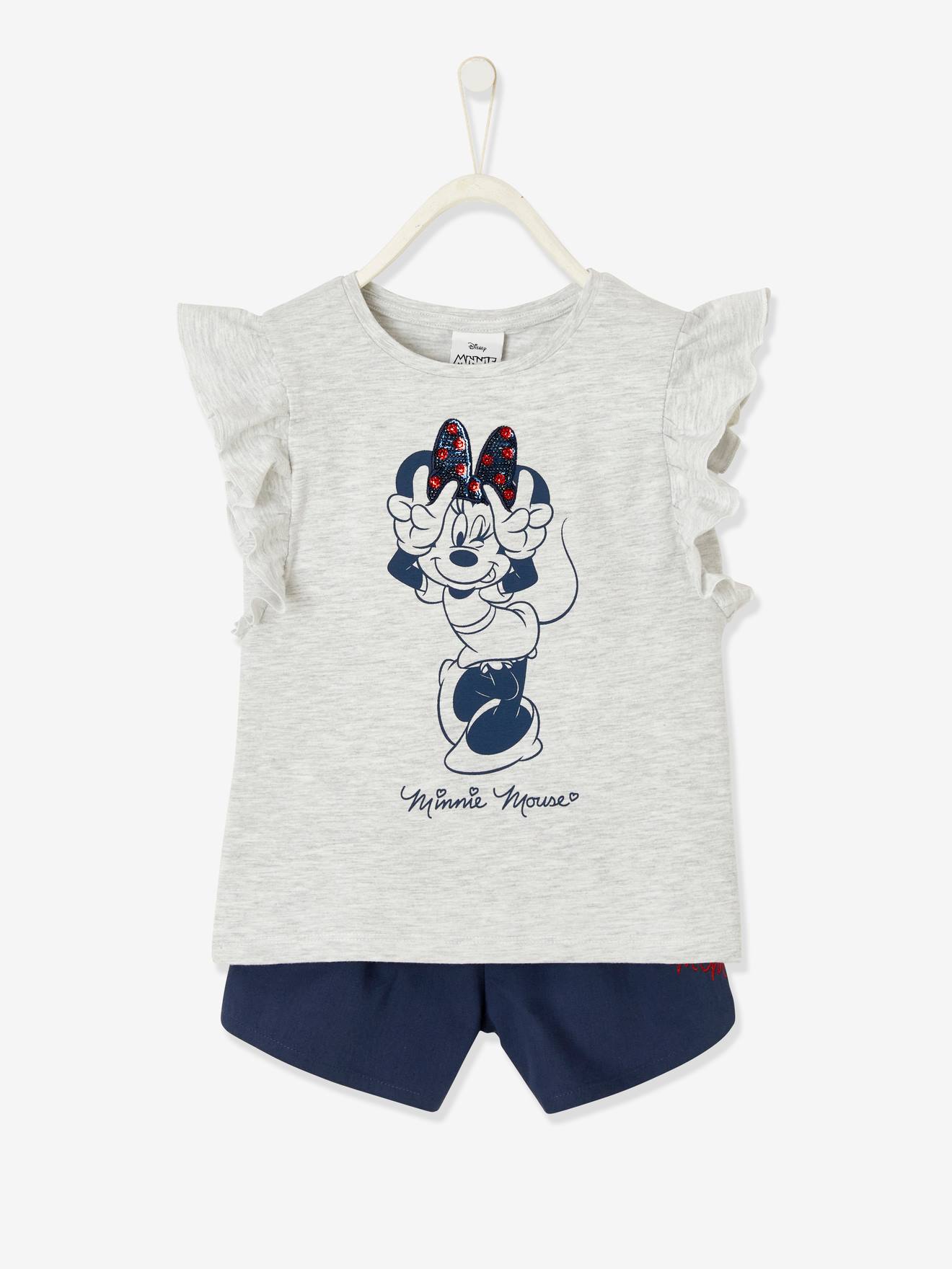 Ensemble fille T-shirt et short DS Minnie® gris chiné / bas twill bleu