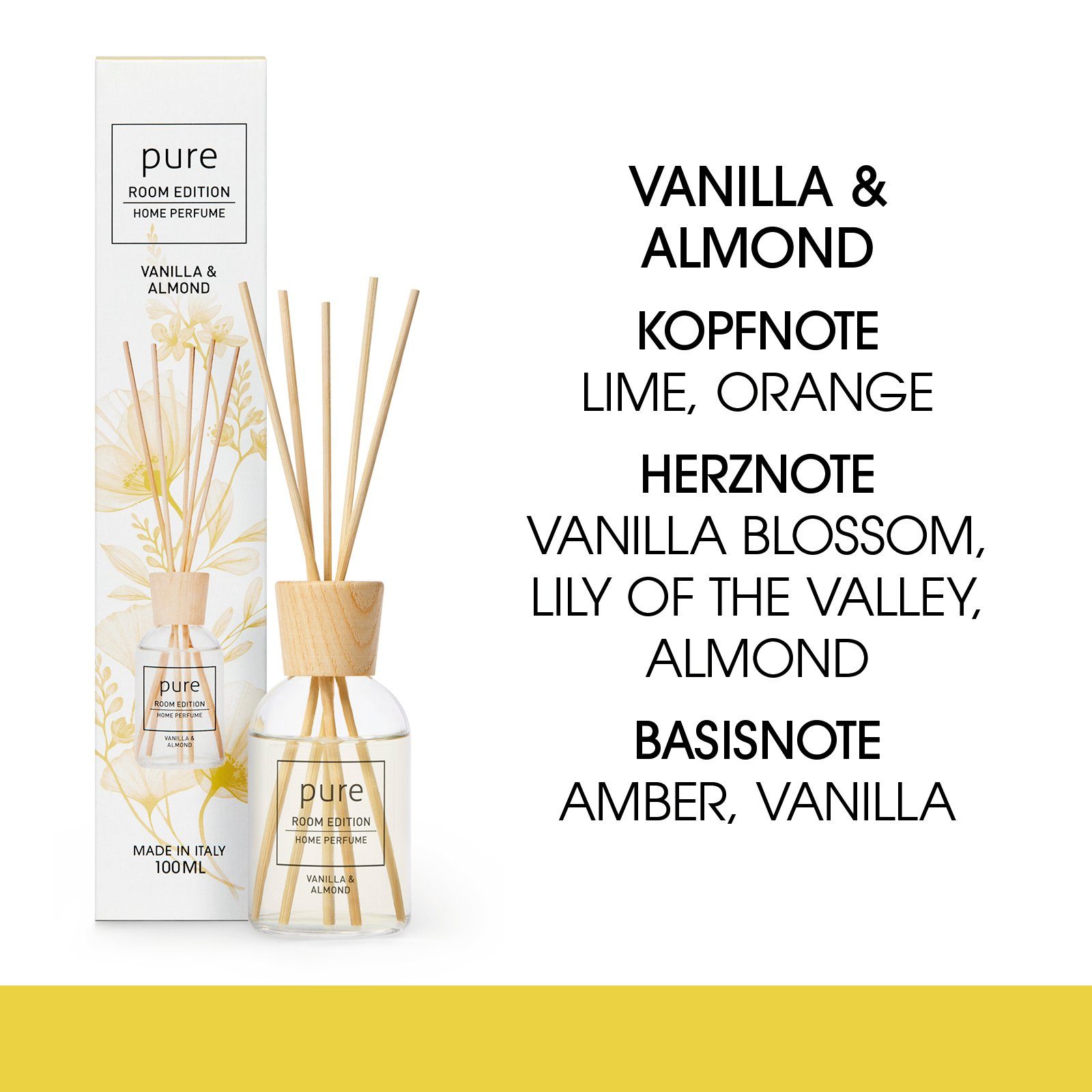 PURE ROOM EDITION Raumduft 100 ml (1 x 100 ml Vanille & Mandel Raumduft + 5 Duftstäbchen)