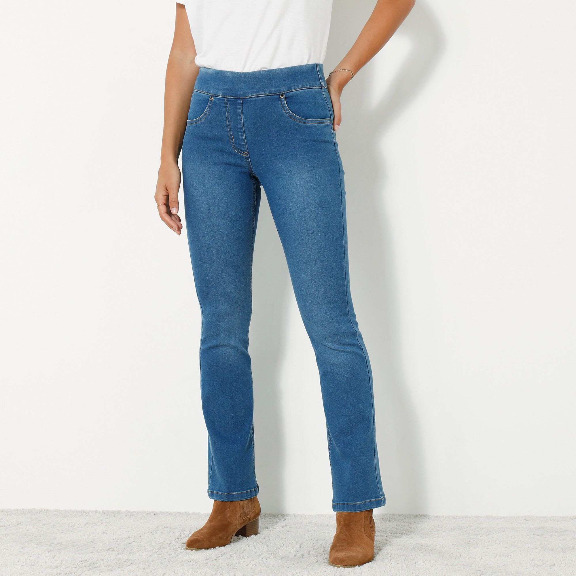 Jean bootcut ultra confort, maille effet denim, petite stature