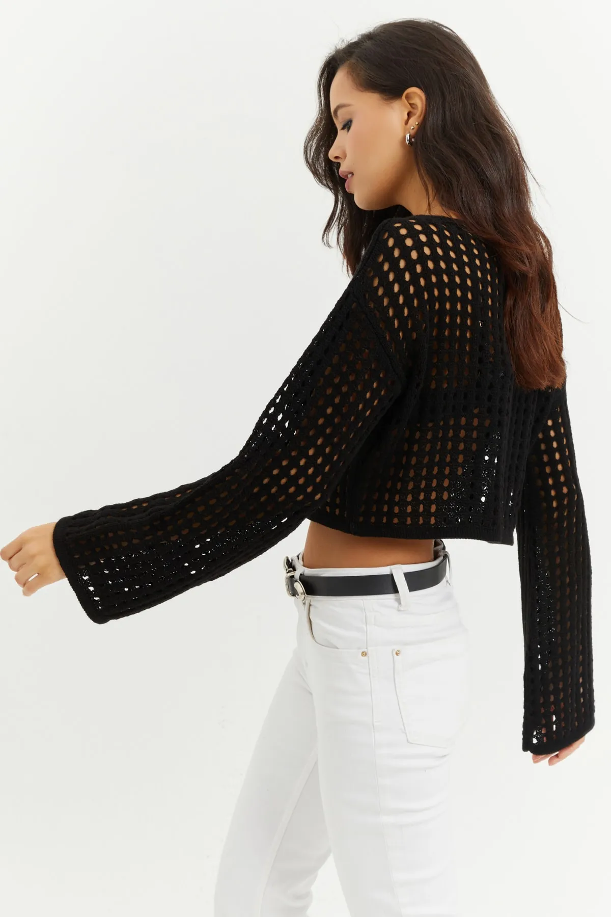 Cool & Sexy  Schwarze durchbrochene Strick-Kurzbluse mit spanischen Ärmeln für Damen SMT181