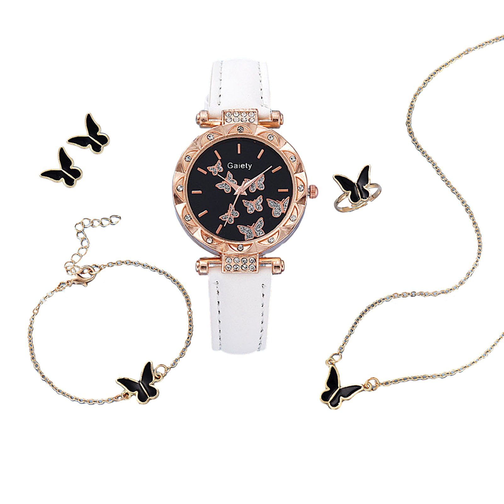 farfi Quarzuhr Watch Schmuck Set(Set, 6-tlg) Butterfly Decor Quartz Watch Gift, (1 x Uhr, 1 x Armband, 1 Paar Ohrringe,1 x Halskette,1 x Ring, Ohne Box)