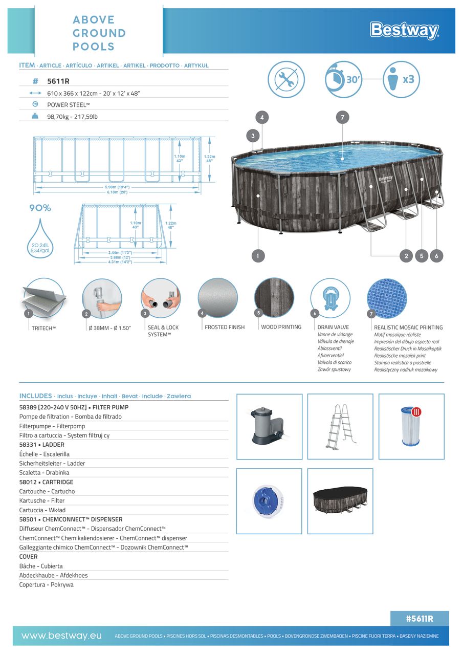 Bestway Power Steel™ Frame Pool Komplett-Set mit Filterpumpe, Holz-Optik (Mooreiche), oval 610 x 366 x 122 cm