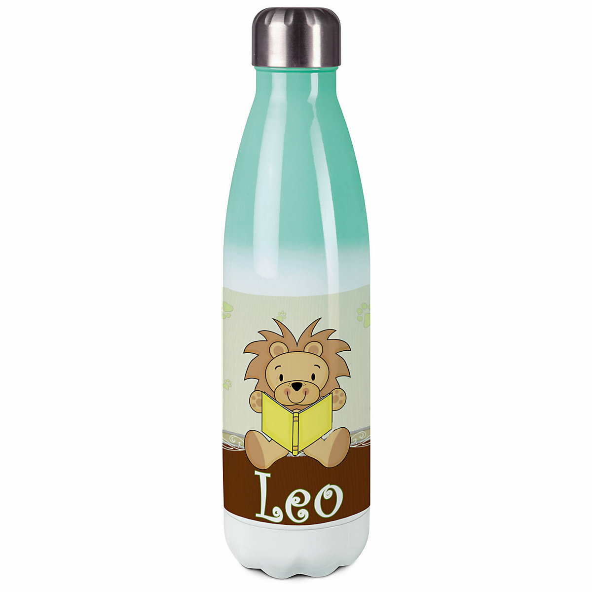 Edelstahl Kinder Thermoflasche / Trinkflasche bunt Leselöwe Farbe braun Spülmaschinenfest, Auslaufsicher, Bruchfest, Doppelwandig, Für Heißgetränke geeignet, Mit Deckel, Isoliert