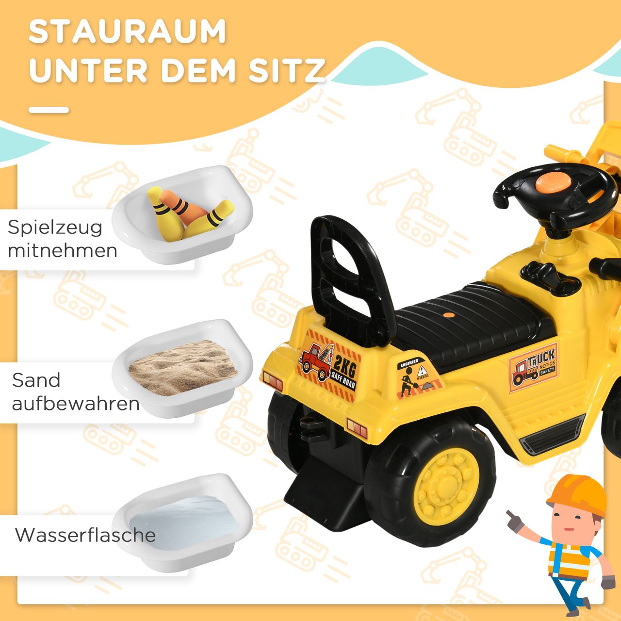 HOMCOM Sitzbagger Aufsitzbagger mit Schaufel, Hupe, für Kinder 3-4 Jahre