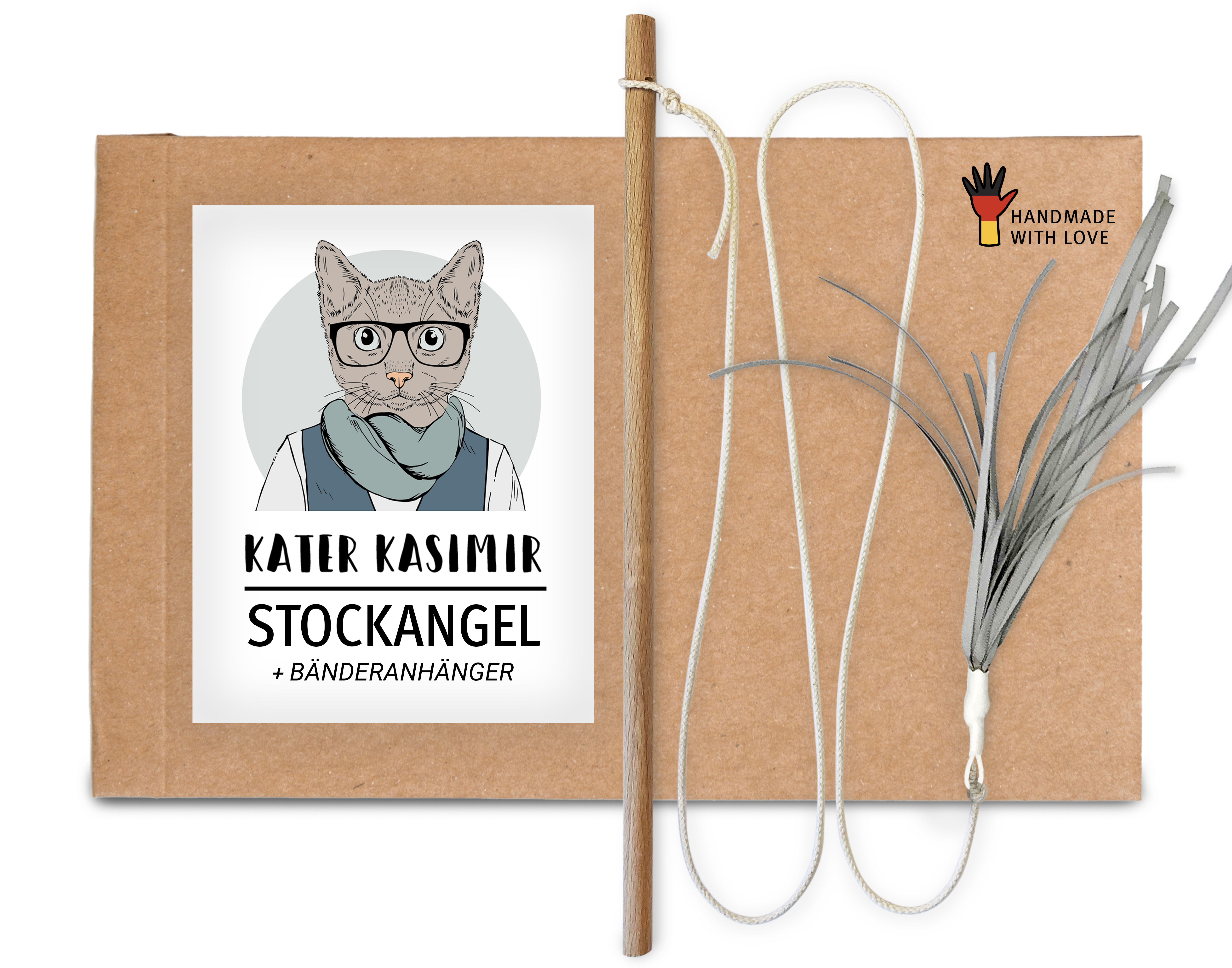 Kater Kasimir Katzenangeln Kater Kasimir Premium Katzenangel aus Buchenholz mit Anhänger aus lustigen Bändern