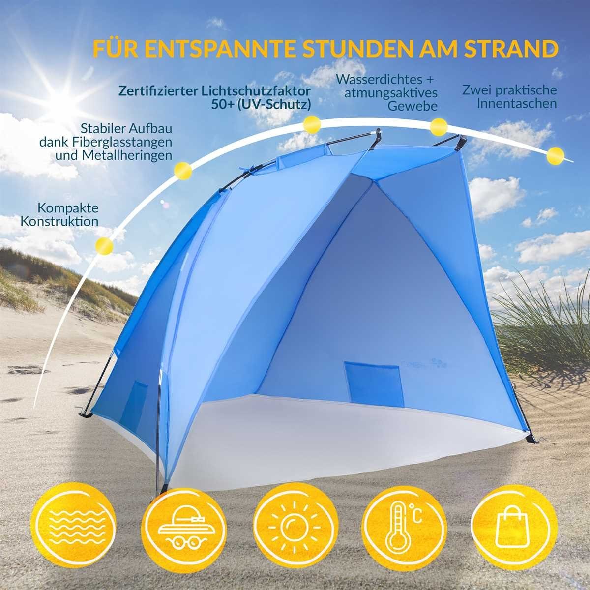 TRESKO Strandmuschel, Strandzelt inkl. Tragetasche, Strandmuschel mit UV Schutz 50+, Kleines Packmaß, Wasserdicht und atmungsaktiv