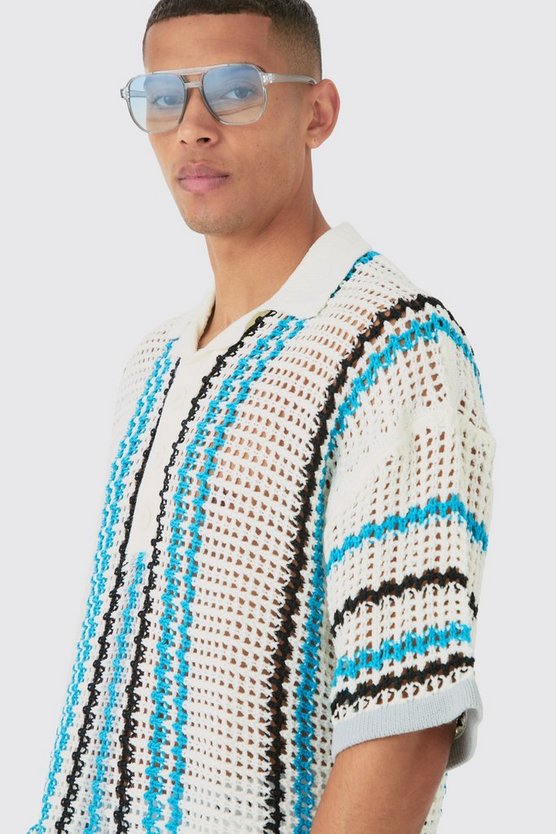 Oversize Strick-Poloshirt mit Streifen
