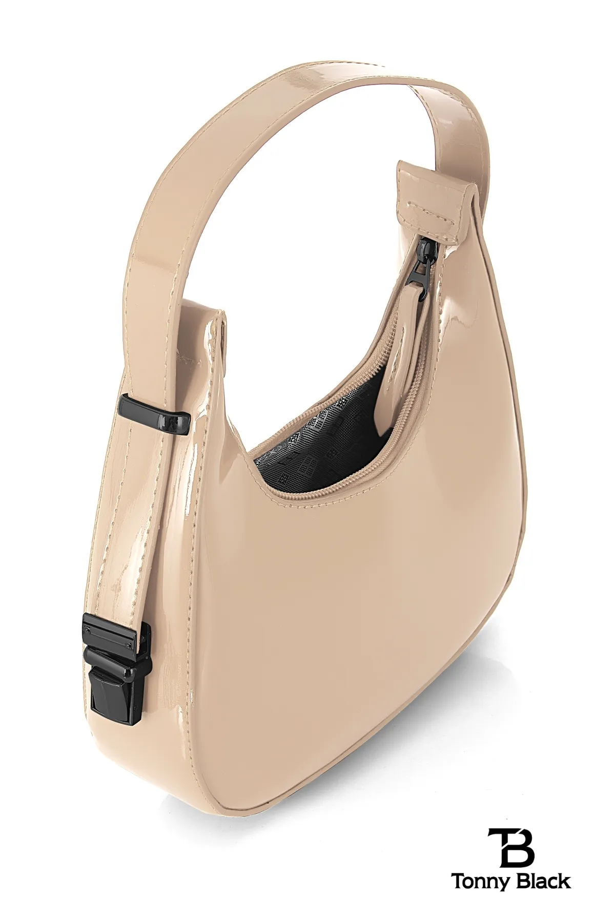 Tonny Black  Original neue Saison glänzendes Lackleder-Baguette-Modell, einäugige, stilvolle Handtasche und Umhängetasche, Nerz