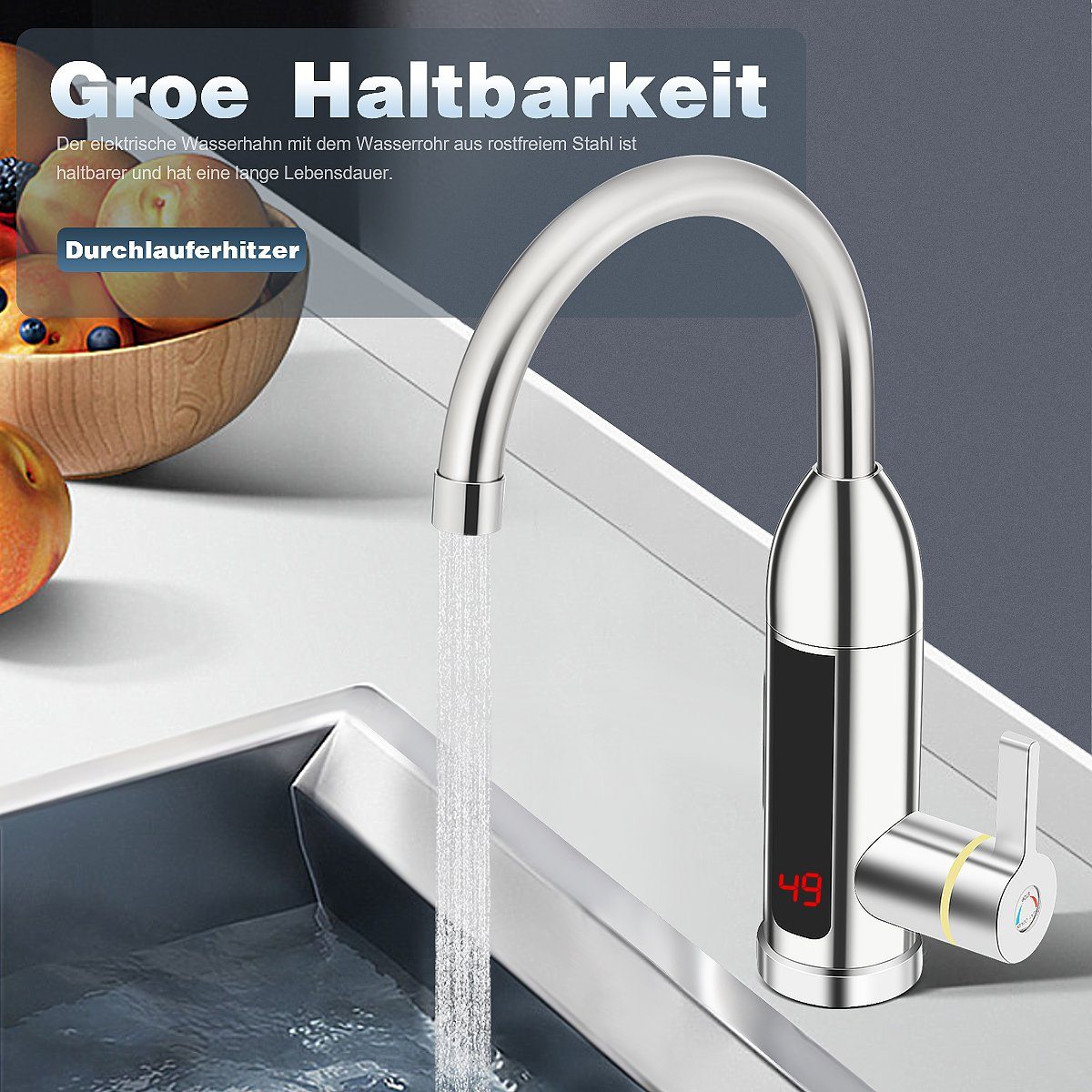 LETGOSPT Klein-Durchlauferhitzer 3000W Elektrischer Wasserhahn, Temperaturanzeige 0-60 ℃ Küchenarmatur, 360° Schwenkbar Wasserhähnen, LED Digitale Edelstahl Küchenarmatur