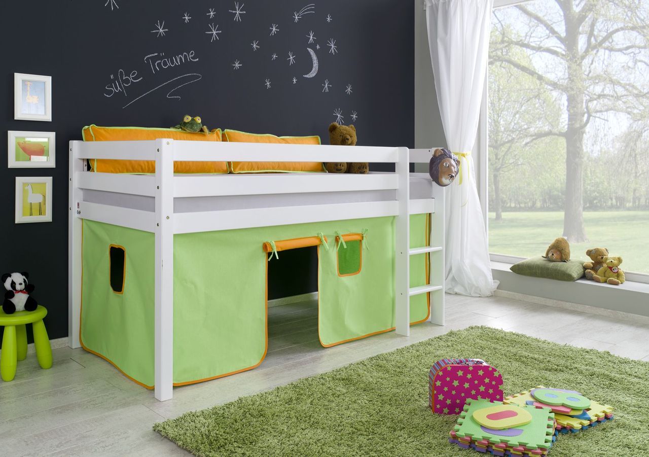 Relita Halbhohes Spielbett ALEX Buche massiv weiß lackiert mit Stoffset Vorhang grün/organge