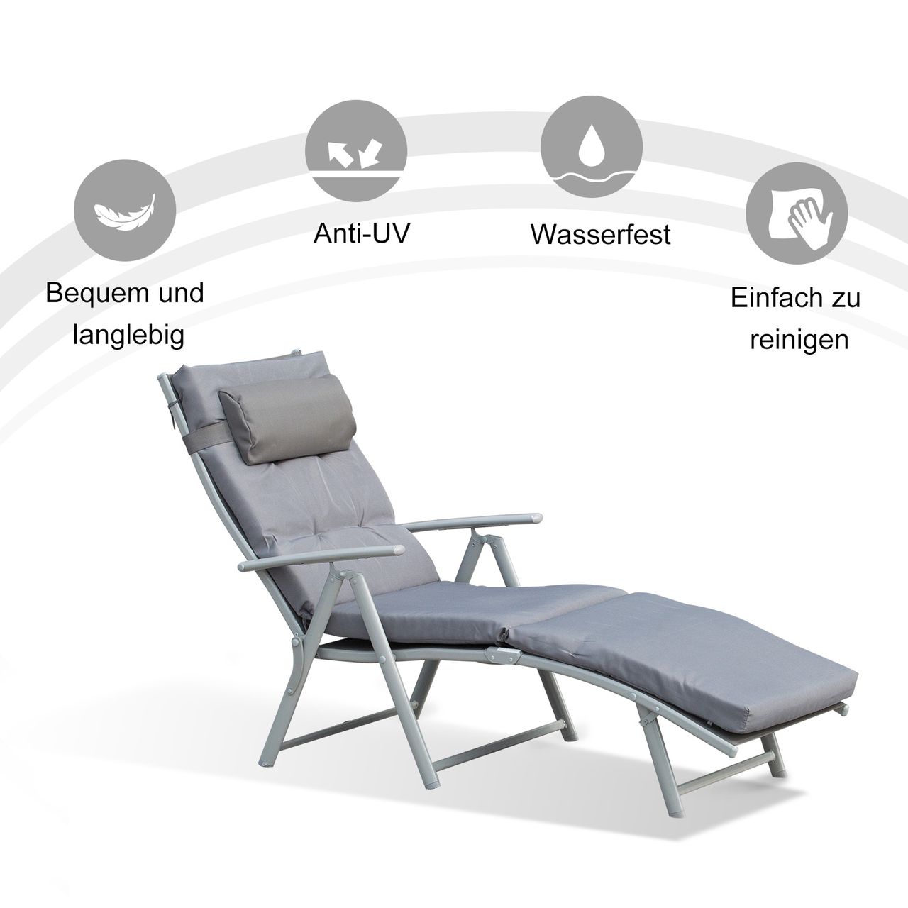 Outsunny Sonnenliege mit Kissen 7-stufig verstellbare Rückenlehne 137 x 63,5 x 100,5 cm grau