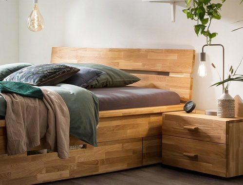 expendio Massivholzbett Cleo (Spar-Set, 3-tlg), Schubladenbett 200x200 Wildeiche mit 2 Schubladen inkl. 2x Nachttisch