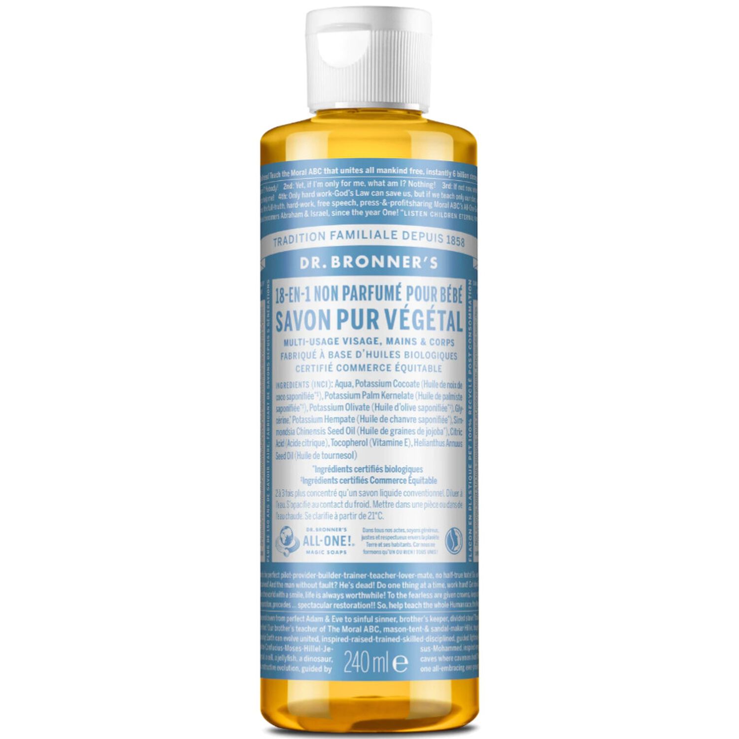Dr Bronners Savon Liquide Pur Végétal Non Parfumé pour Bébé 240 ml