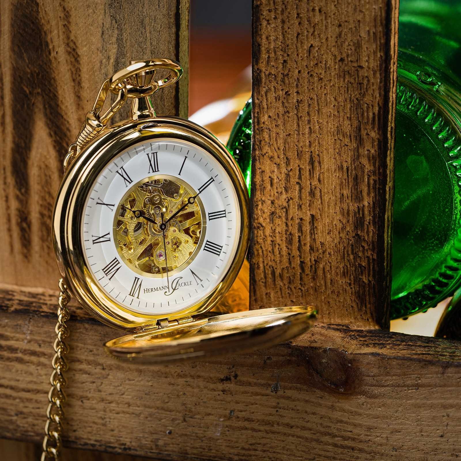 Hermann Jäckle Taschenuhr Bayreuth vergoldet Skelett mit Handaufzug, incl. Kette & Reiseetui