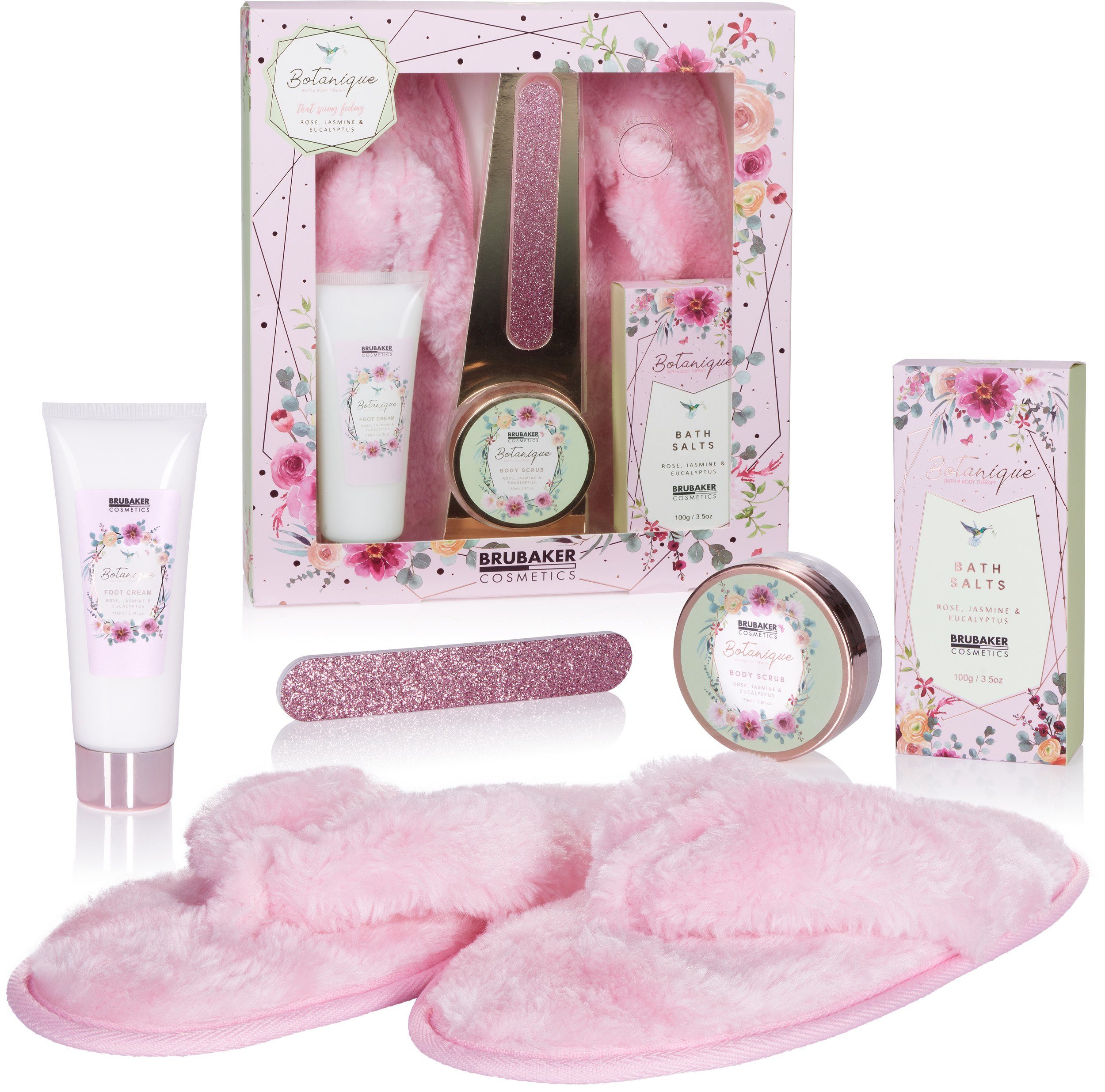 BRUBAKER Körperpflege-Set Bade- und Dusch Set, 6-tlg., Geschenkset mit rosa Plüsch Slipper, Rosen Jasmin Eukalyptus Duft