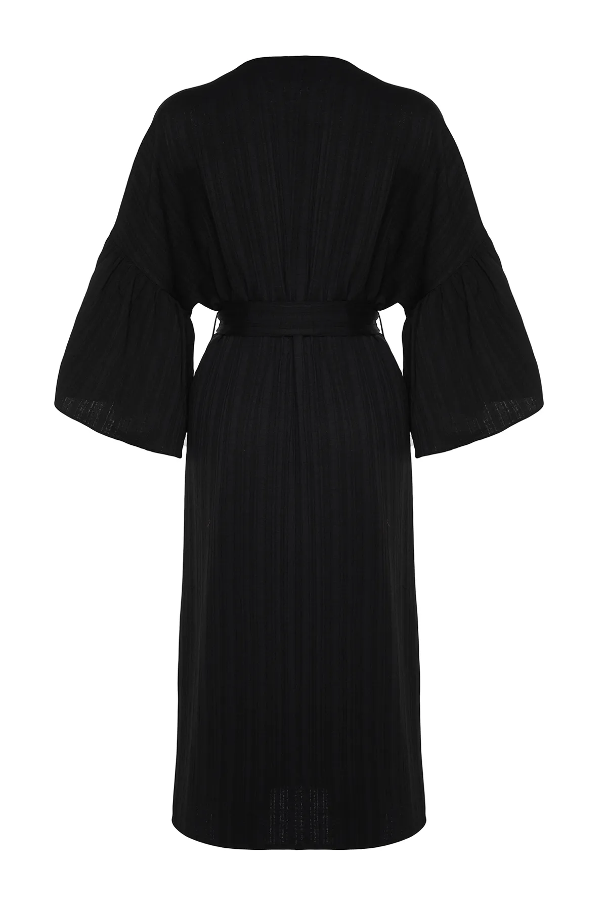 Trendyol Collection  Schwarzer Maxi-Kimono und Kaftan aus gewebtem Volant aus Leinenmischung mit Gürtel TBESS23KM00028