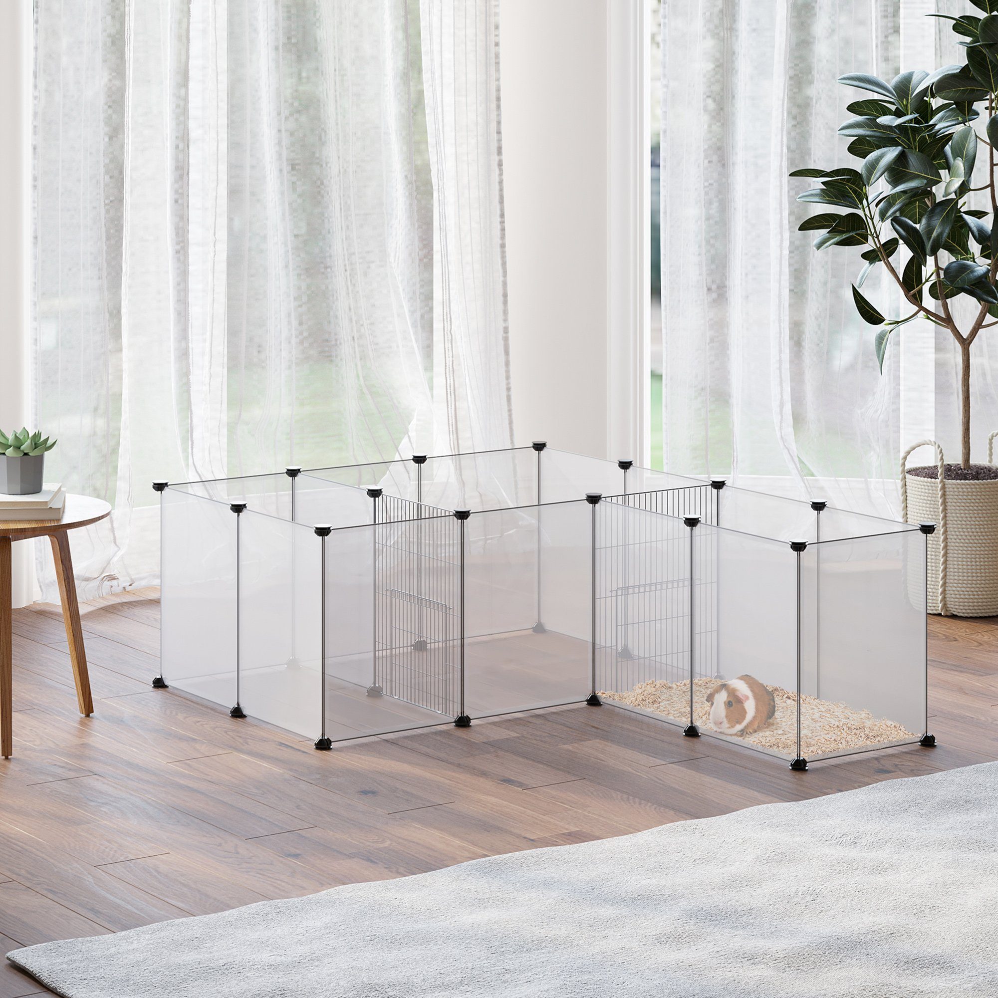 PawHut Kleintierkäfig Freigehege, DIY Kleintiergehege, Stahl, PP-Harzplatte, Weiß, 175L x 70B x 45H cm