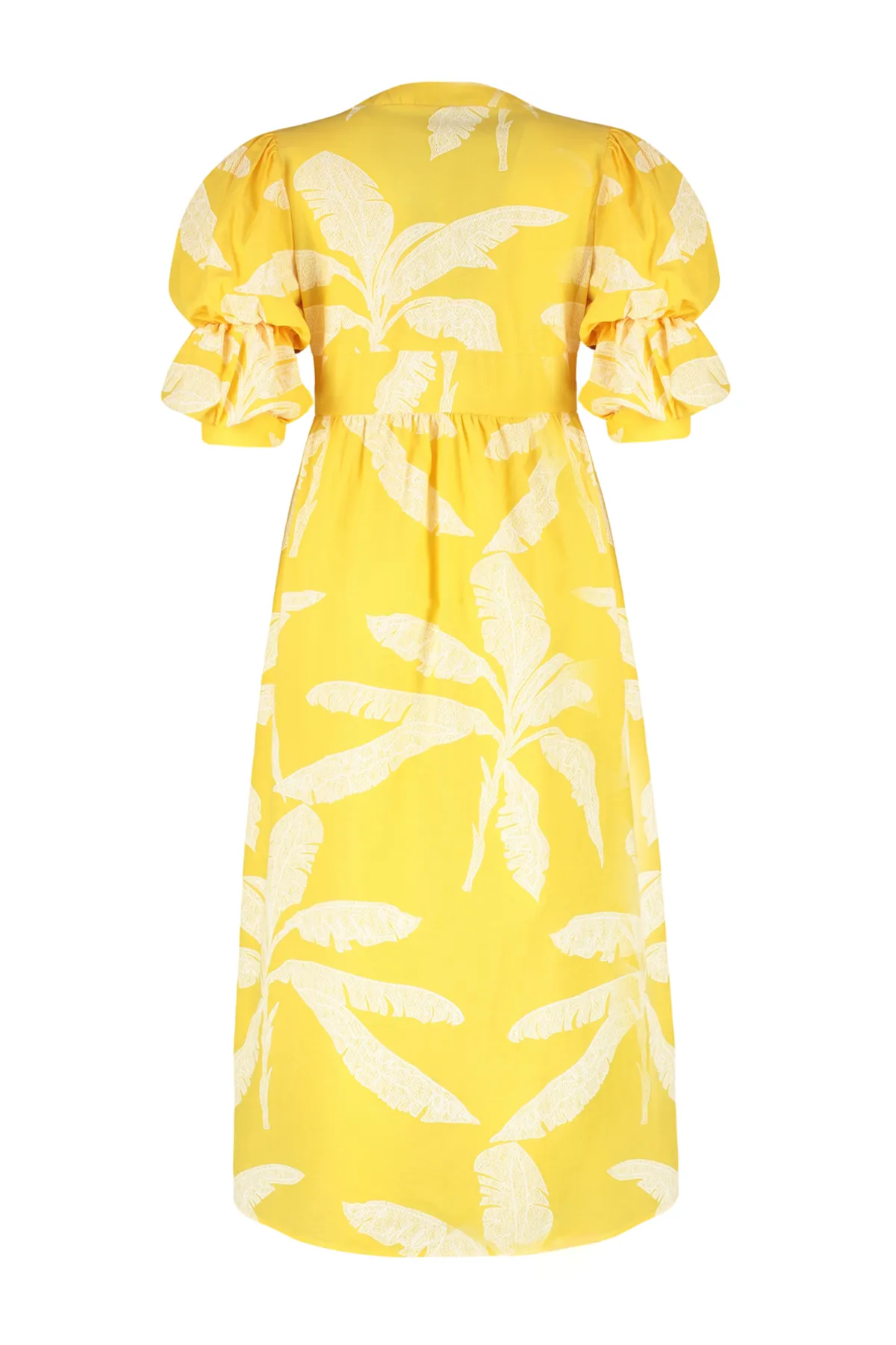 Trendyol Modest  Gelbes, gewebtes Hemdkleid mit Blumendruck und halben Ballonärmeln und V-Ausschnitt TCTSS24EB00015