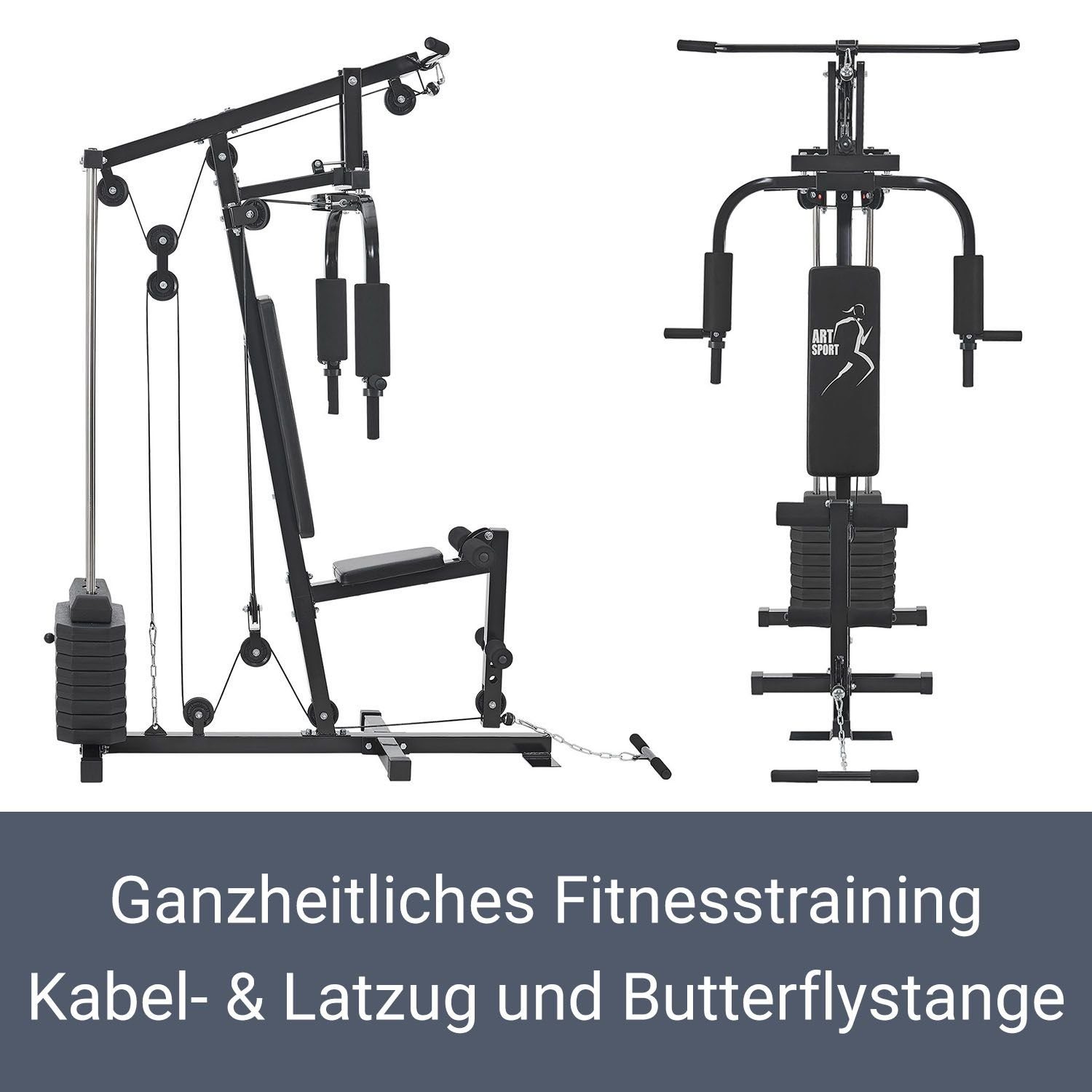 ArtSport Kraftstation ProfiGym 2000, 9 Gewichtsblöcke, insgesamt 40 kg, Butterflystange, Latzug, Bizepsseilzug und mehr