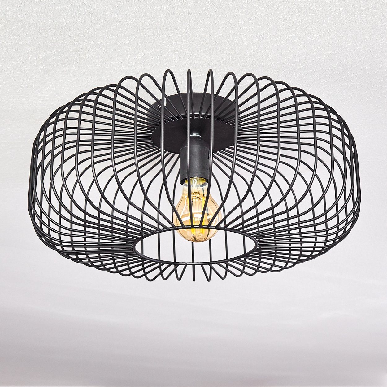 hofstein Deckenleuchte Pieris runde Deckenlampe aus Metall in Schwarz, ohne Leuchtmittel, E27, Retro-Leuchte mit Lichteffekt durch Gitter-Optik