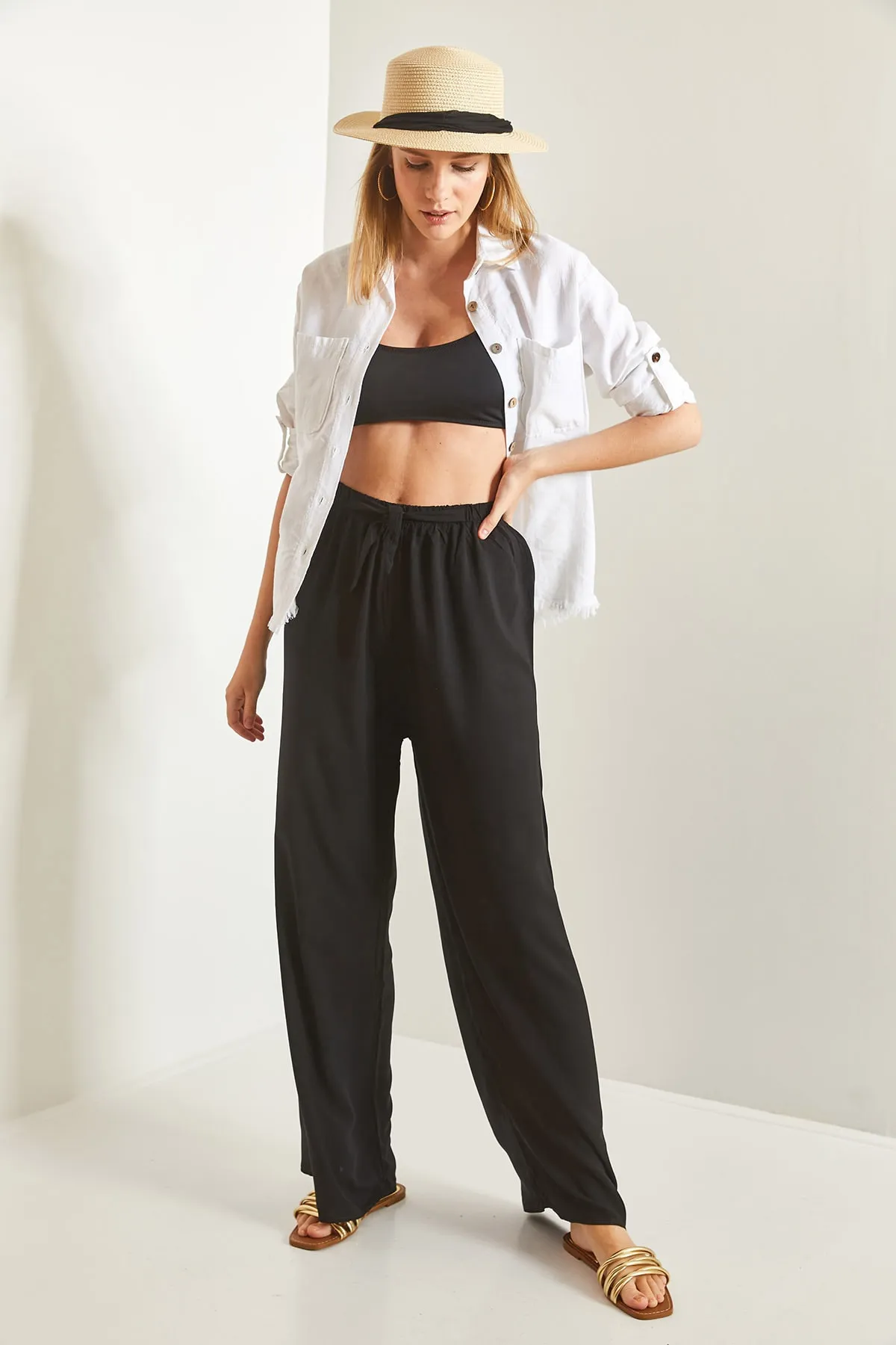 Bianco Lucci  Damen-Hose aus Viskose mit weitem Bein und Taillengürtel, Schwarz 10061050