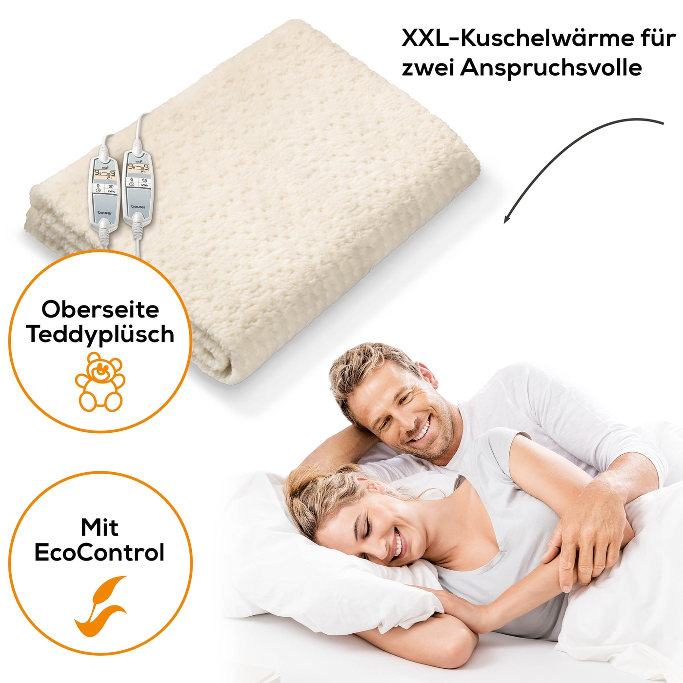 Beurer Komfort-Wärmeunterbett UB 86 Teddy Double-Weiches Wärmeunterbett mit 2 Schaltern & je 9 Temperaturstufen - 150 x 160 cm