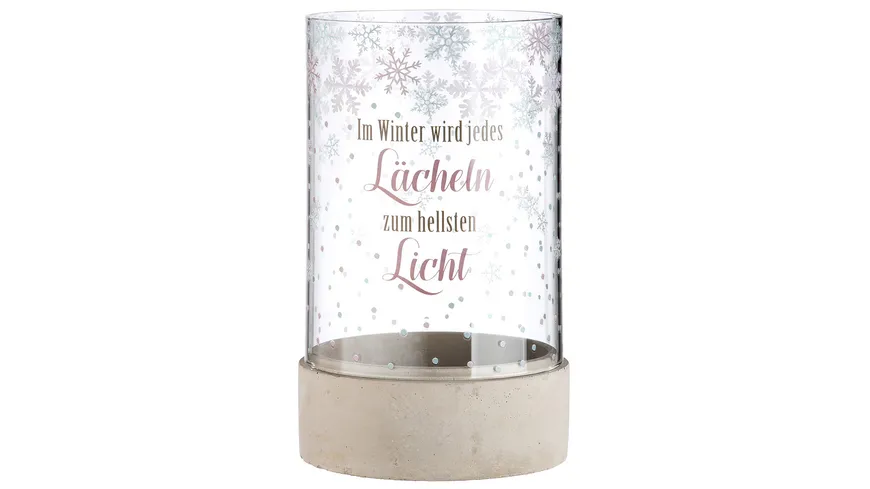 GILDE Zement Windlicht Winterzauber H=25,5cm grau, klar, rosa